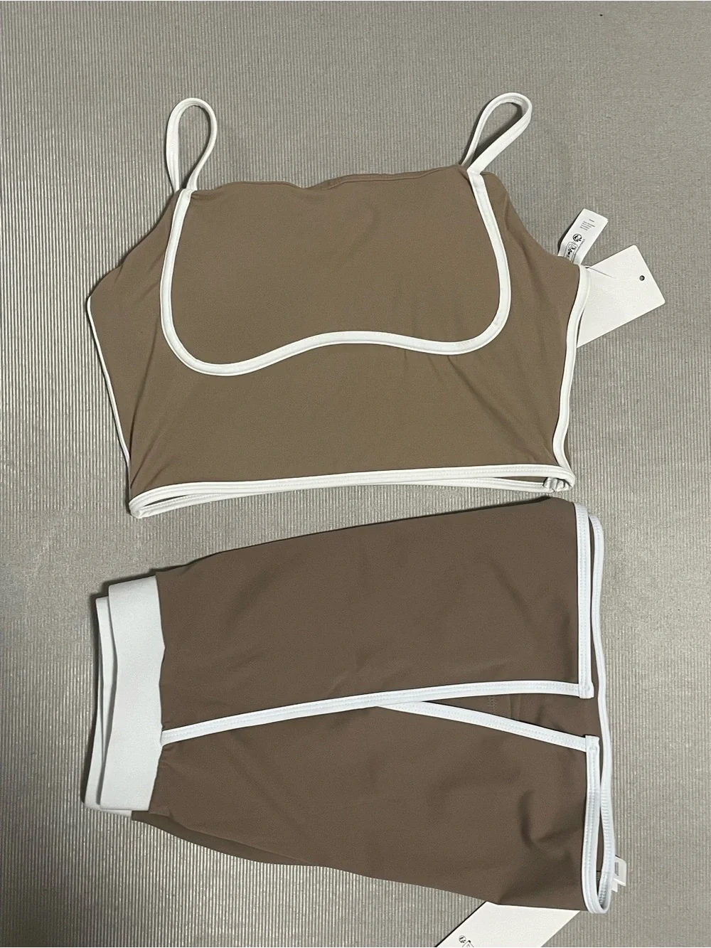 ALO Yoga Brown Crop Top and Skirt Set with White Trim